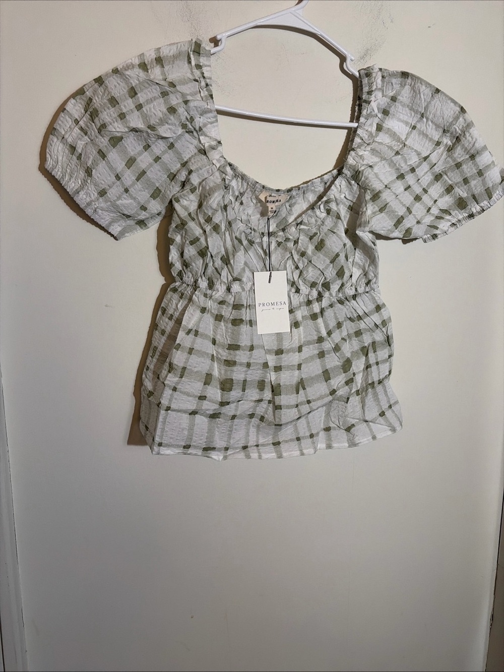 Promesa Olive Check Puff-Sleeve Peplum Top